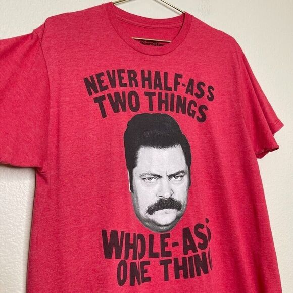 PARKS and RECREATION Shirt Large Red Ron Swanson Half-Ass Quote Graphic Mustache - Picture 4 of 5